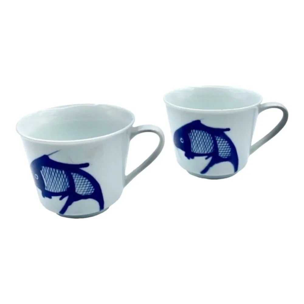 2 Blue & White Koi Fish Carp Tea Cups Mugs Hand Painted Porcelain Vintage